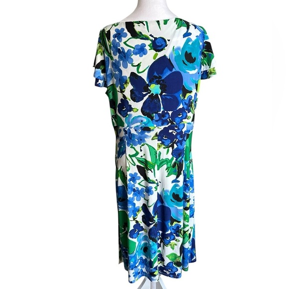 Lauren Ralph Lauren Cannes Blue Floral Flutter Sleeve Matte Jersey Dress Sz 14W - Picture 4 of 17